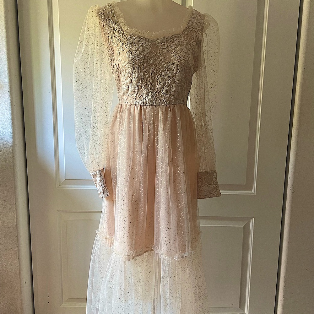 Beautiful Princess style blush color gown with sheer sleeves